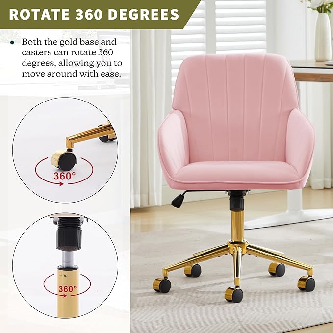 Velvet Home Office Desk Chair, Modern Cute Computer Task Chair with Back, Height Adjustable Upholstered Vanity Chair with Swivel Wheels for Women, Girls (Gold Base, Pink