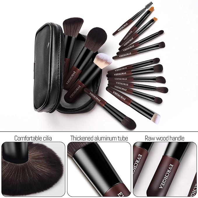 Travel Makeup Brush Set, 15 pcs Mini Makeup Brushes and 2 Puff for Foundation, Powder, Eyeshadow, Highlight, Contour, Blush & Concealer, Small Makeup Brush Set Purse Size with Case (black and brown)
