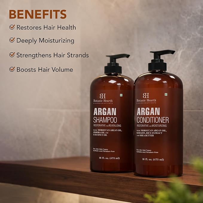 Botanic Hearth Argan Oil Shampoo And Conditioner Set | 16 Fl Oz Each With Keratin, Restorative & Moisturizing, Sulfate Free | All Hair Types & Color Treated Hair, Men And Women | (Packaging May Vary)