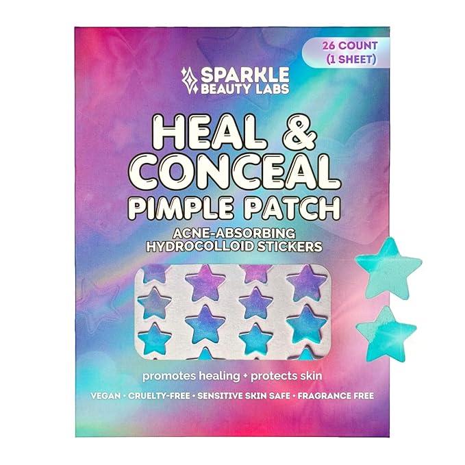 Heal & Conceal Pimple Patch, Cute Holographic Acne Patches For Face, Fun Hydrocolloid Zit Stickers For Breakouts (Holographic Stars - 26 count / 1 sheet)