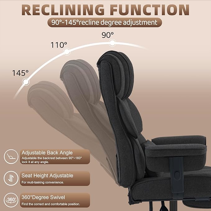 Vonesse Big and Tall Office Chair, Computer Chair with Soft Adjustable Armrests, Ergonomic Gaming Chair with Breathable Linen Design, Executive Chairs with Footrest (Linen Fabric, Classic Black)