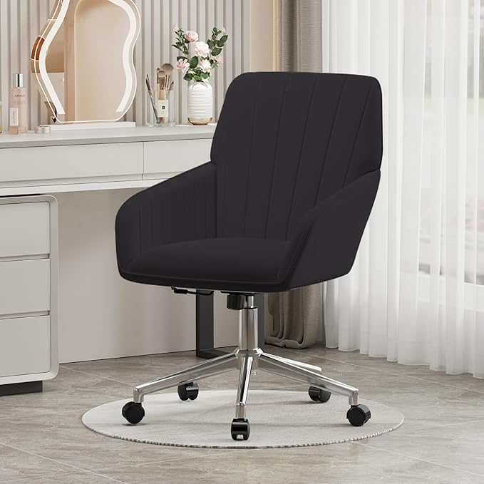 YISHENG Velvet Office Desk Chair with Silver Base, with Wheels,Modern Height Adjustable 360 Degree Swivel Upholstered Vanity Chairs with Arms for Living Room Bedroom,Black