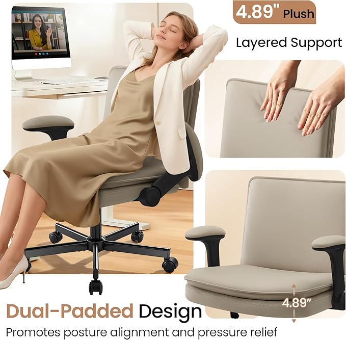 Criss Cross Office Chair with Wheels - PU Leather Wide Criss Cross Desk Chair with Flip-up Arms and Thick Cushion - Comfy Tilting Swivel Rolling Vanity Chair for Home Office Bedroom Apartment