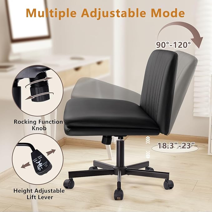 Criss Cross Chair, PU Leather Vanity Chair with Wheels, Armless Cross Legged Home Office Chair, Wide Seat Swivel Criss Cross Desk Chair, Height Adjustable Vanity Chair with Back, Black