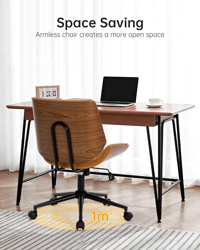 Mid-Century Modern Home Office Chair,Adjustable Height Desk Chair with Walnut Finish&PU Leather,Armless Executive Computer Chair with 360° Swivel Rolling Wheels for Vanity, Bedroom&Workspace (Brown)
