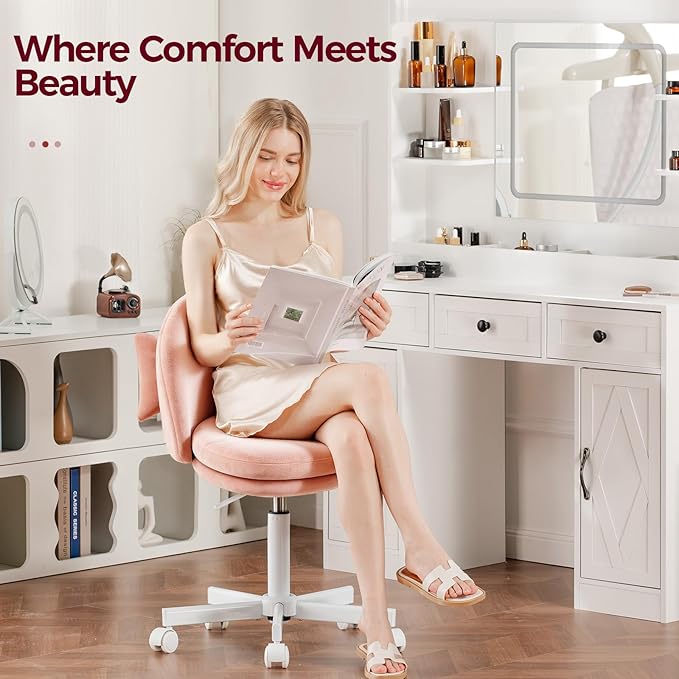 GTPLAYER Velvet Tall Office Chair with Wheels Vanity Chairs with Back, Versatile Height Use: Office to Bar Stools Small Ergonomic Comfy Armlees Computer Desk Chair with Bow Lumbar Pillow for Gift