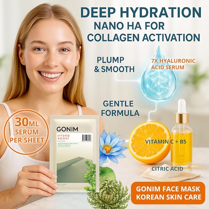 GONIM Face Mask Korean Skin Care with Hyaluronic Acid Serum, Collagen Activation, Vitamin C-Face Masks Skincare Hydration, Moisturizing Sheet Mask, Travel Essentials, Korean Face Mask 30ml x20pcs