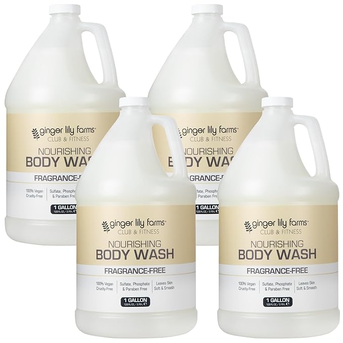 Ginger Lily Farms Club & Fitness Nourishing Body Wash, 100% Vegan & Cruelty-Free, Bath & Shower Gel for Men and Women, Fragrance Free, 1 Gallon (Pack of 4)
