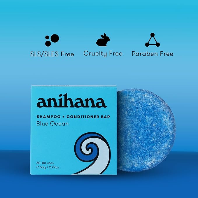 ANIHANA 2-in-1 Shampoo & Conditioner Bar Plastic-Free, Travel Friendly, Blue Ocean Scent for Regular Normal Hair, Clean, Purifying, Natural, Healthy Look and Shine, Paraben-Free, 2.29 oz