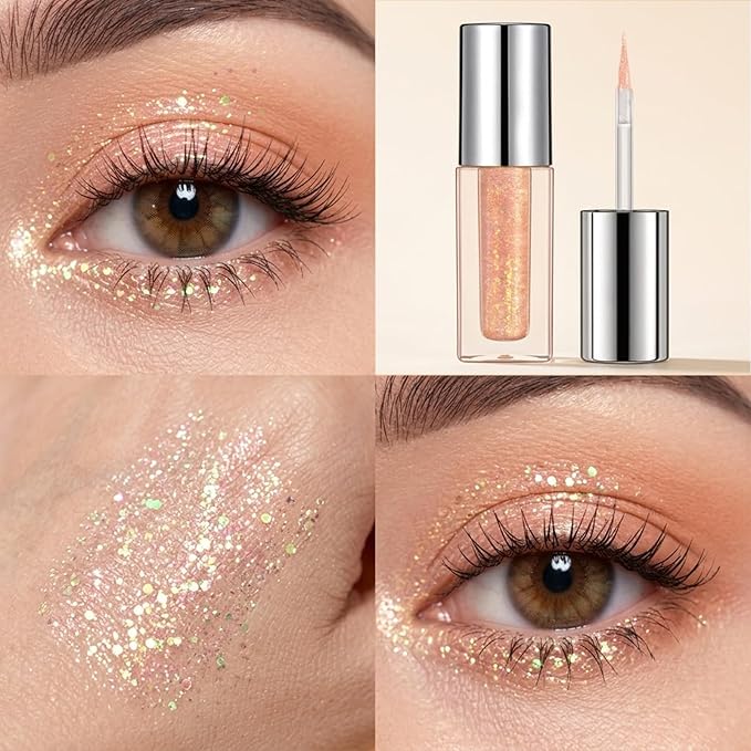 Erinde Liquid Glitter Eyeshadow Eyeliner, Korean Makeup Bling Under Eye Shadow, Shimmer Metallic, Lightweight Waterproof Long Wearing, Loose Glue for Sparkly Crystals Eye Makeup, Golden Pink Sequins