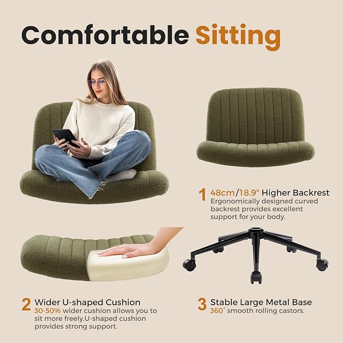 IWMH Criss Cross Chair Cross Legged Office Chair with Wheels Armless Wide Seat Desk Chairs Height Adjustable Computer Task Chairs Swivel Vanity Chair for Home Office Bedroom Make Up Small Space Green