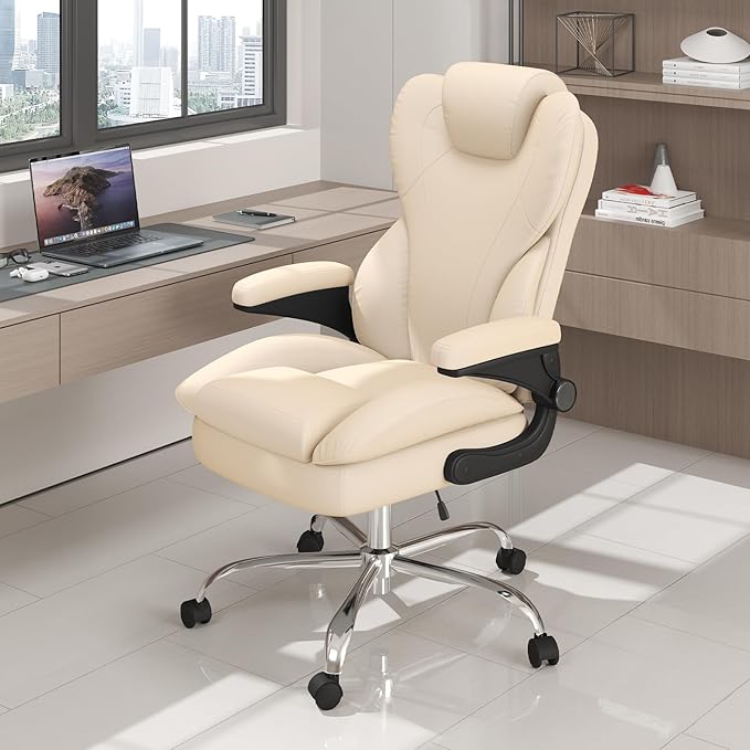 Office Desk Chair, Executive Leather Office Chair, High Back Ergonomic Home Desk Chair with Padded Flip-up Arms, Big and Tall Computer Chair with Rocking Function, 360°Swivel Free, Beige