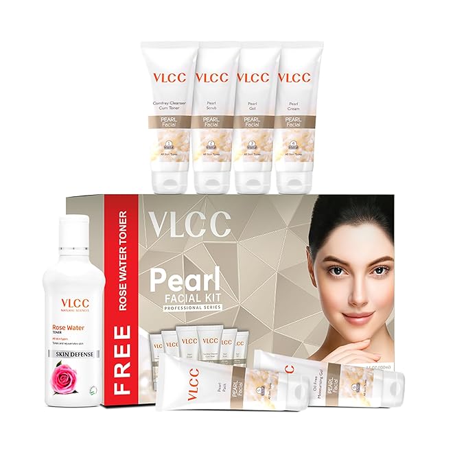 VLCC Pearl Facial Kit with 7 Skin Care Products - Cleanser with Toner, Face Cream, Face Scrub, Gels, Mask, Rosewater Toner - 7 pc