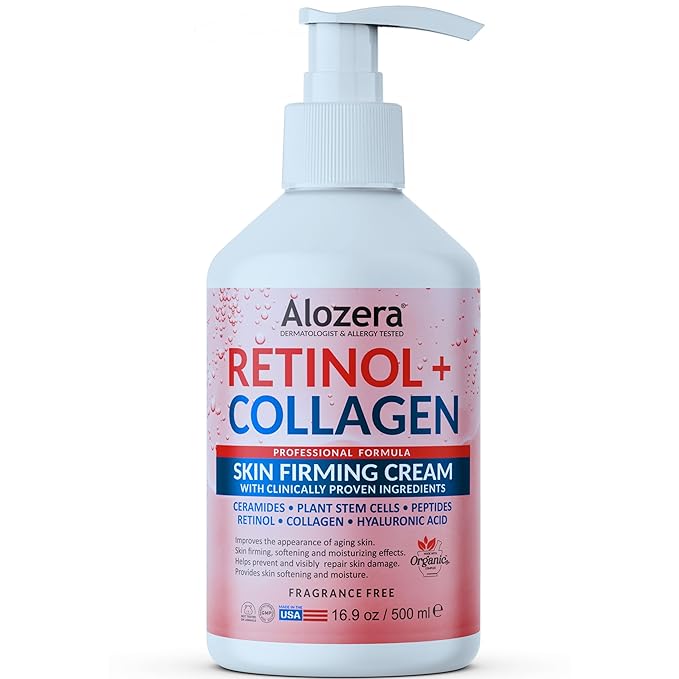 Alozera Skin Firming Retinol Collagen Face & Body Lotion with Stem Cells for Aging Skin and Wrinkles, Non-Greasy, Lightweight Moisturizer, Fragrance-Free, 16.9 oz