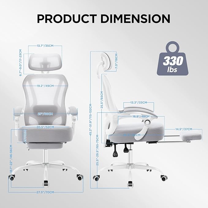 Ergonomic Office Chair with Footrest,Ultra Thick Reclining Office Desk Chair with Adjustable 2D Lumbar Support and Headrest,Spring Cushion,High Back Premium Mesh Computer Chair Office Chairs,Grey