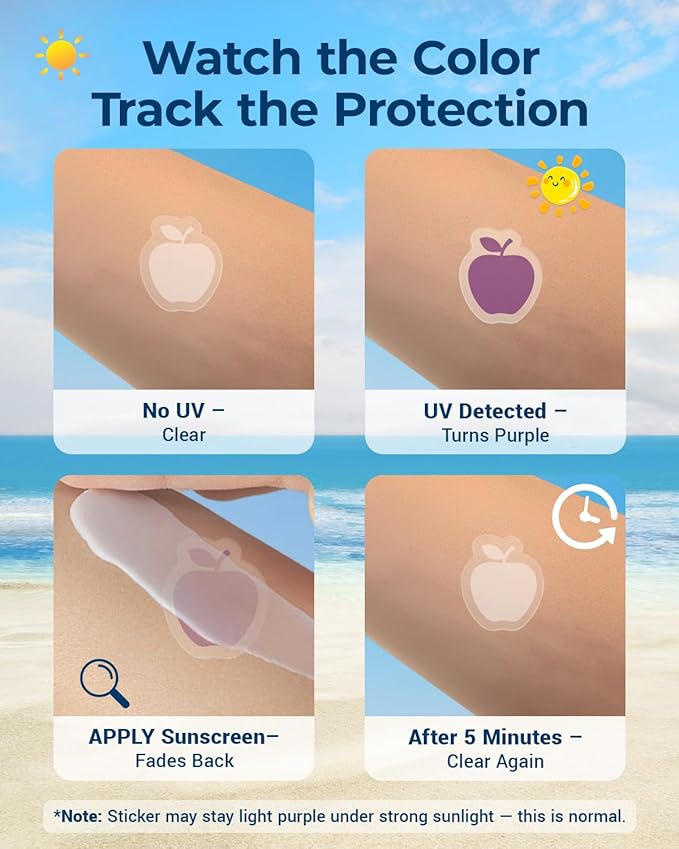 80 Pack UV Detection Stickers for Sunscreen -Sun Protection Stickers for Kids Adults -Waterproof Sunscreen Dots UV Patch Sunblock SPF Sensing Patches for Reapplying Reminder (Fruit | Purple)