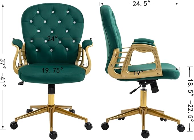 Velvet Office Chair Desk Chair with Gold Base, Comfortable Makeup Vanity Chair with Back and Wheels, Swivel Rolling Chair for Girls Women Study Bedroom, Green