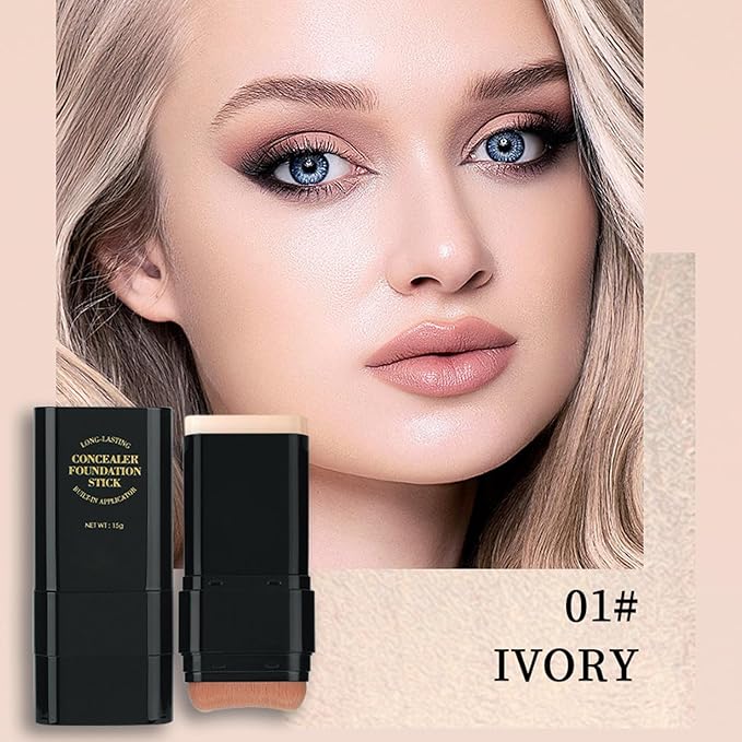 Foundation Stick,2 in 1 Dual-Ended Long-Lasting & Waterproof Concealer Korean Foundation Contour Sticks,Contouring Foundation with Brush,Full Coverage Matte Finish for Face Makeup(01IVORY)