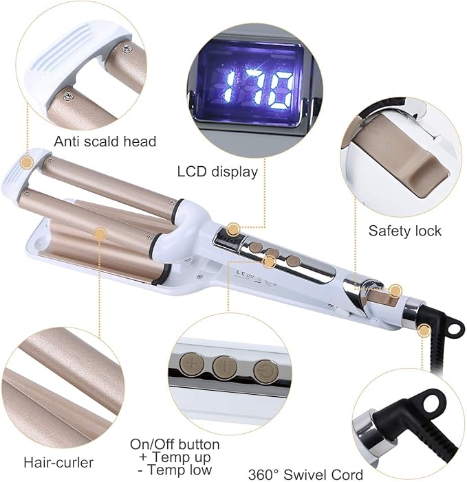 Ceramic Hair Crimper Iron Hair Waver 3 Barrel 0.6 inch / 16mm Perm Instant Curls Crimping Hair Curling Iron Valentines Day Gifts for Women Professional Crimping Iron (Gold & White)
