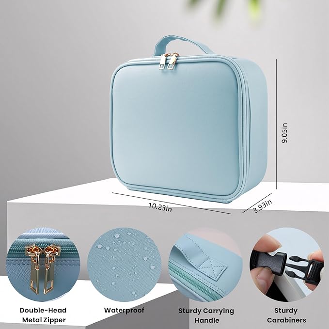 Travel Makeup Bag with LED Mirror and Light Travel Makeup Case Cosmetic Organizer Portable Cosmetic Brush Organizer Bag with Adjustable Dividers for Cosmetics Makeup Brushes Toiletry(Baby Blue)