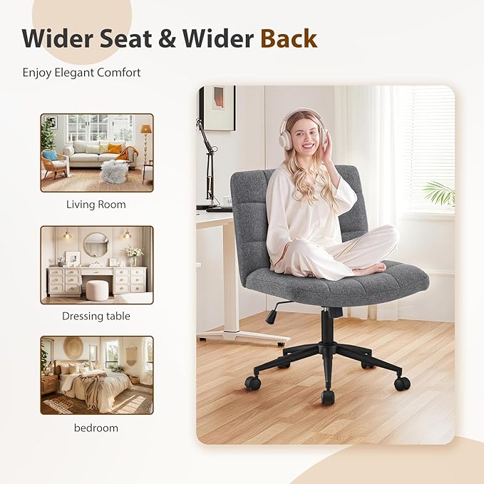 Furnimart Criss Cross Desk Char Wide Seat with Wheels, 360° Swivel Cross Legged Desk Chair Thick Cushion, Comfy Armless Home Office Chair for Bedroom, Vanity, Sturdy (Linen Gray)