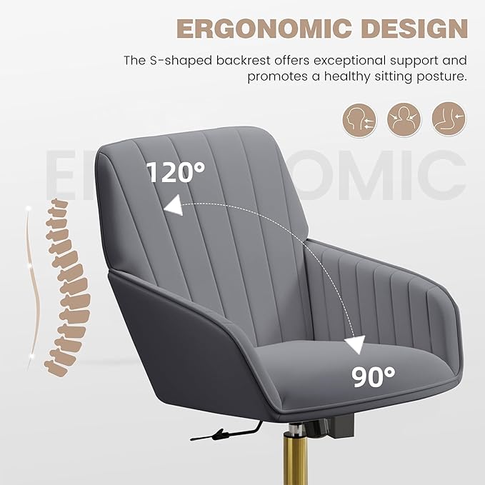 YISHENG Velvet Office Desk Chair with Gold Base, with Wheels,Modern Height Adjustable 360 Degree Swivel Upholstered Vanity Chairs with Arms for Living Room Bedroom，Gray