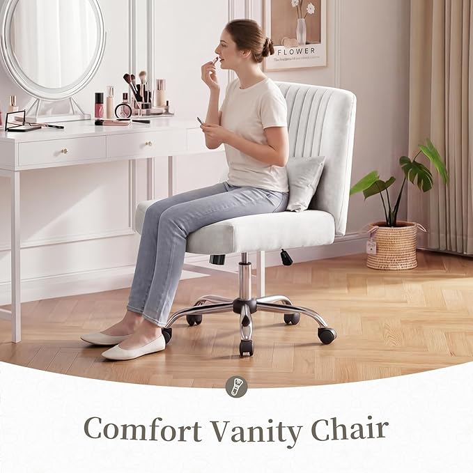 Warmiehomy Velvet Office Chair, Luxury Criss Cross Chair with Wheels, Comfy Cross Legged Desk Chair for Home Office, Stylish Vanity Chair, Wide Seat Computer Chair, Best Gift for Girls, White