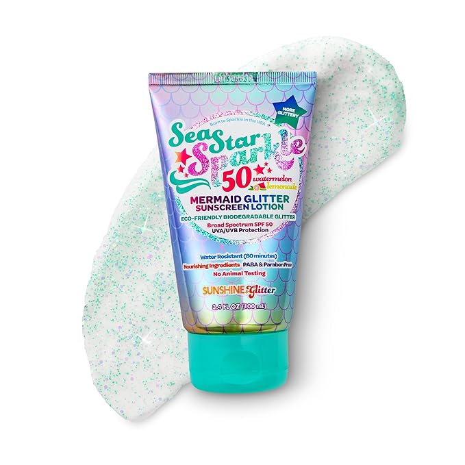 NEW! SUNSHINE & Glitter- Seastar Sparkle - Mermaid Watermelon Lemonade Scented Sunscreen lotion - SPF 50 - Biodegradable Glitter Sunscreen, Water Resistant, Cruelty Free, Kid Safe, Made in USA, 3.4oz