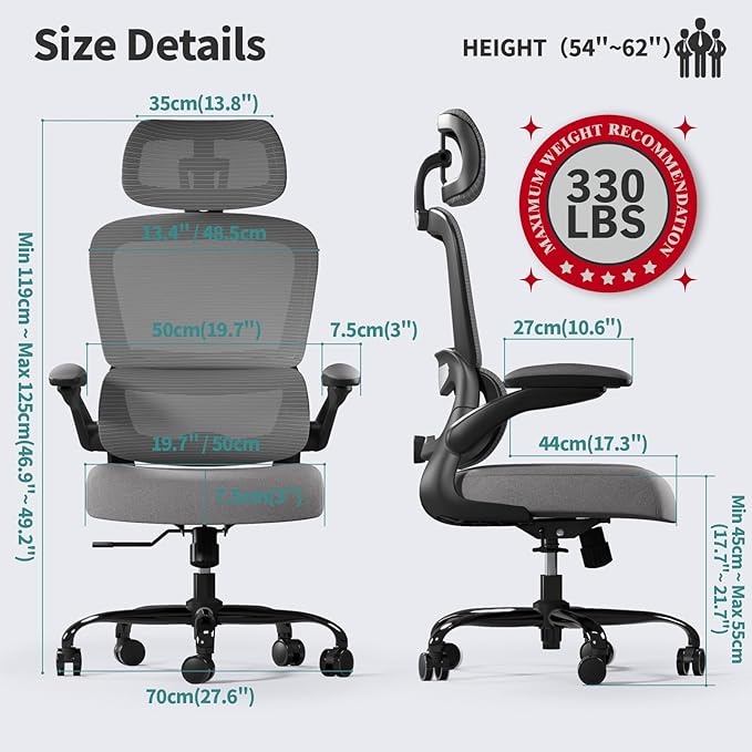 TRALT Office Chair Ergonomic Desk Chair, 330 LBS Home Mesh Office Desk Chairs with Wheels, Comfortable Gaming Chair, High Back Office Chair for Long Hours (Dark Grey)