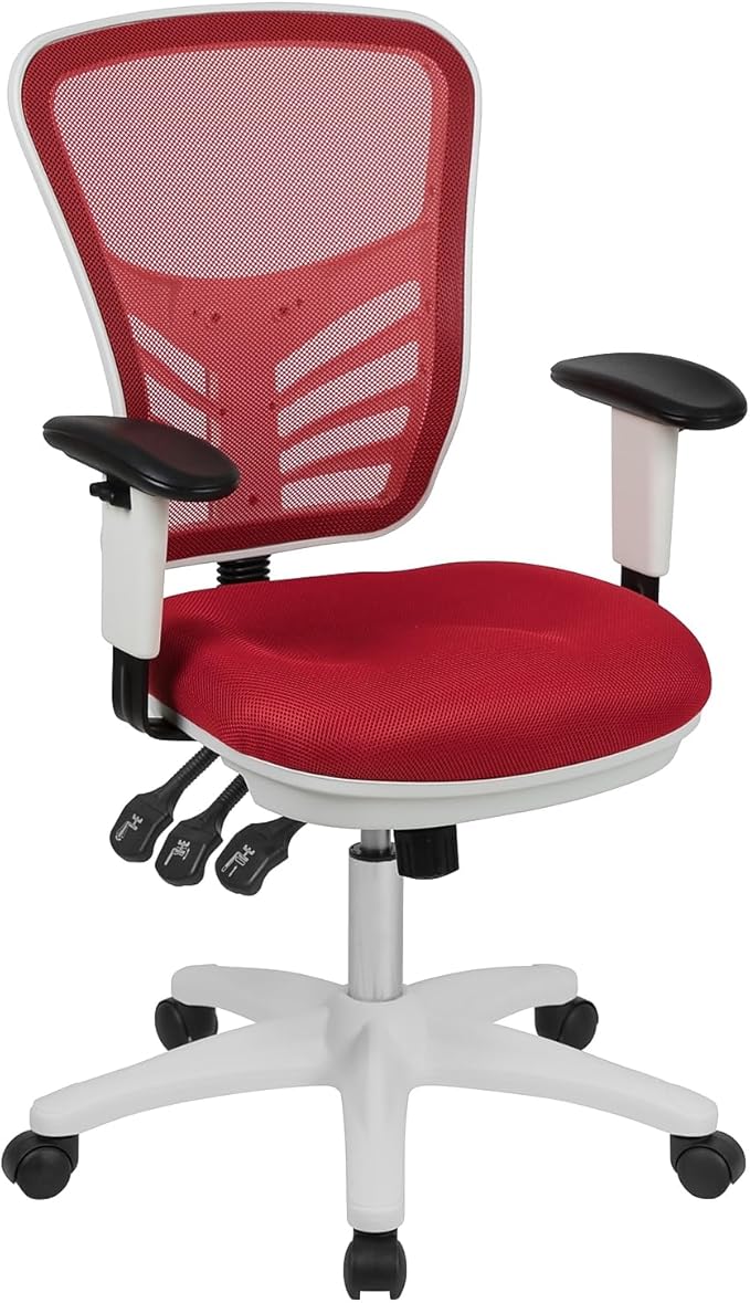 Flash Furniture Nicholas Mid-Back Red Mesh Multifunction Executive Swivel Ergonomic Office Chair with Adjustable Arms and White Frame