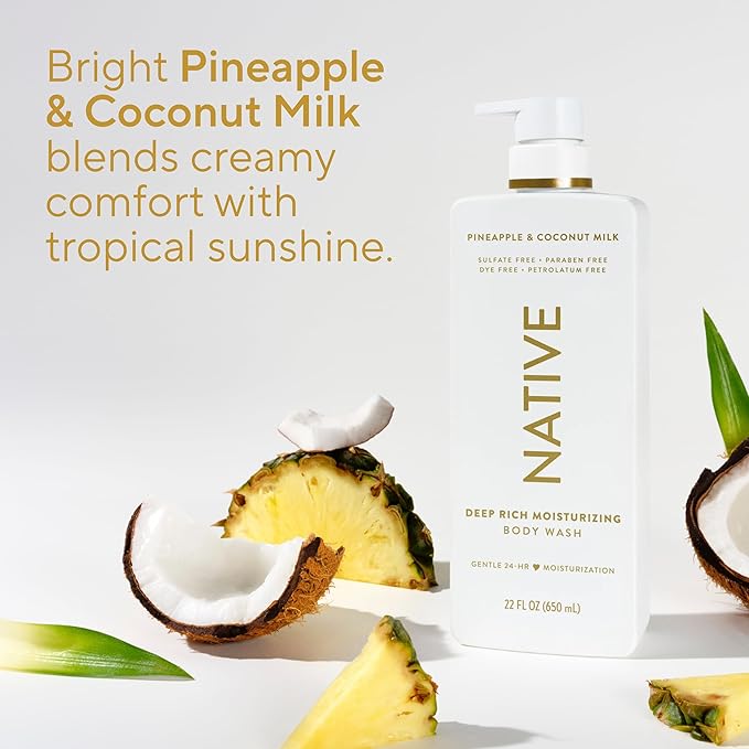 Native Moisturizing Body Wash, Pineapple & Coconut Milk, 24-Hour Hydration for Dry & Sensitive Skin, Made with Real Shea Butter, Sulfate & Paraben Free, 22 oz