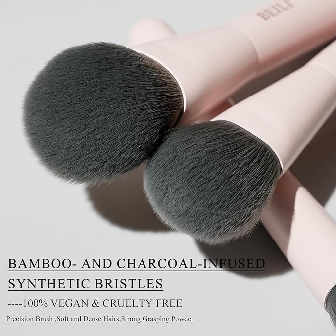 BEILI Mini 6Pcs Makeup Brush Set – Soft Pink, Travel Makeup Brushes for Foundation, Contour, Highlighter & Blending, Includes Sponge and Gift-Ready Box