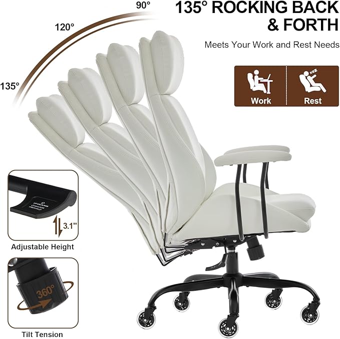 Office Chair, Leather Desk Chair with Rubber Wheels, Ergonomic Computer Chair 500 LBS with Lumbar Support, High Back Executive Chair for Modern Home Office, White