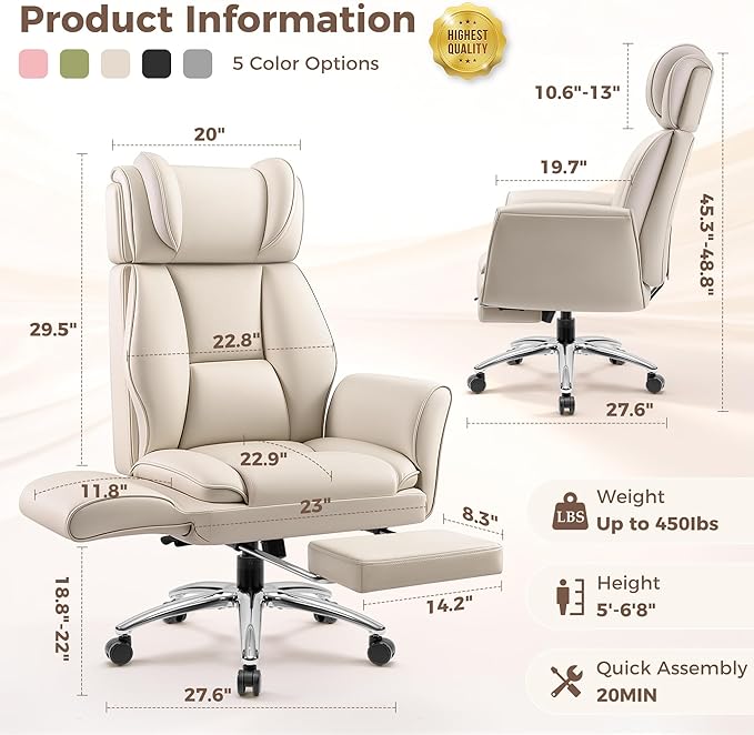 Big and Tall Office Chair, Flip Armrests for Pets & Cross Legged Sitting, Ergonomic Leather Executive Desk Chair with Foot Rest, High-Back Reclining Computer Chairs for Office Home Game - Beige