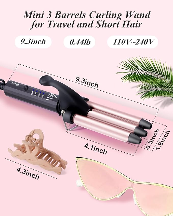 Mini Hair Crimper 4 Temperature Adjustable, 1/2 Inch Small 3 Barrel Curling Iron Hair Waver Dual Voltage Travel Size, Tiny Crimper Hair Tool Create Natural Tight Beachy Waves (Rose Pink)
