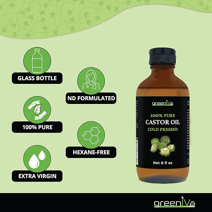 GreenIVe 100% Pure Castor Oil – Cold-Pressed, Hexane-Free – Hair, Eyebrows, Eyelashes, Skin Moisturizer, Castor Pack Wrap Oil GLASS Bottle (8 Fl Oz)