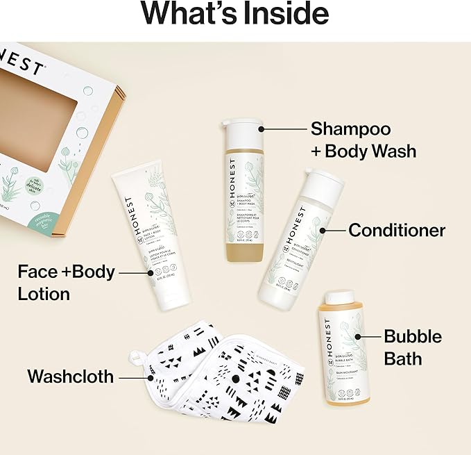 The Honest Company Fragrance-Free Bathtime Gift Set, Hypoallergenic, Bath Essentials for Sensitive Skin, Shampoo and Body Wash, Face Lotion, Bubble Bath, Conditioner, Wash Cloth