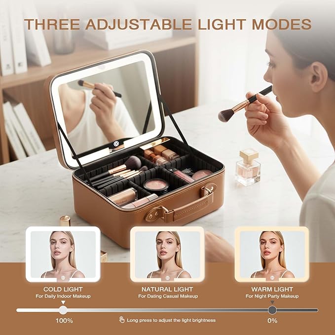 Prite Makeup Bag With LED Mirror 3 Light Modes Adjustable Brightness, Travel Cosmetic Train Case with Adjustable Dividers & Brush Holder, Portable Makeup Artist Organizer Bag for Women(Brown)