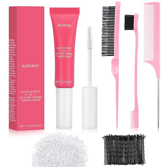 3-In-1 Styling Cream & Taming Wand Gel with Slick Back Brush Set,Cactus Fruit Fly Away Stick for Adult Women and Men Hair,Tame Flyaways, Smooth Frizz,0.6 OZ