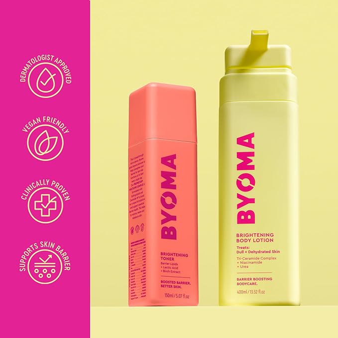BYOMA Brightening Toner & Body Lotion Bundle - Exfoliating Face Toner + Moisturizing Body Cream with Niacinamide & Azelaic Acid - Hydrates, Evens Tone & Supports Barrier - 5.07 + 13.52 fl oz