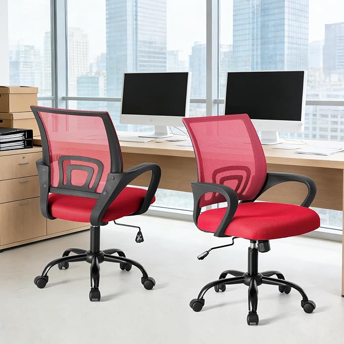 NEWBULIG Red Computer Desk Office Chair, Ergonomic Mid-Back Swivel Rolling Chair with Breathable Backrest and Lumbar Support Wheels, Mesh Office Chairs for Adults Home Task Gaming,2 Pack
