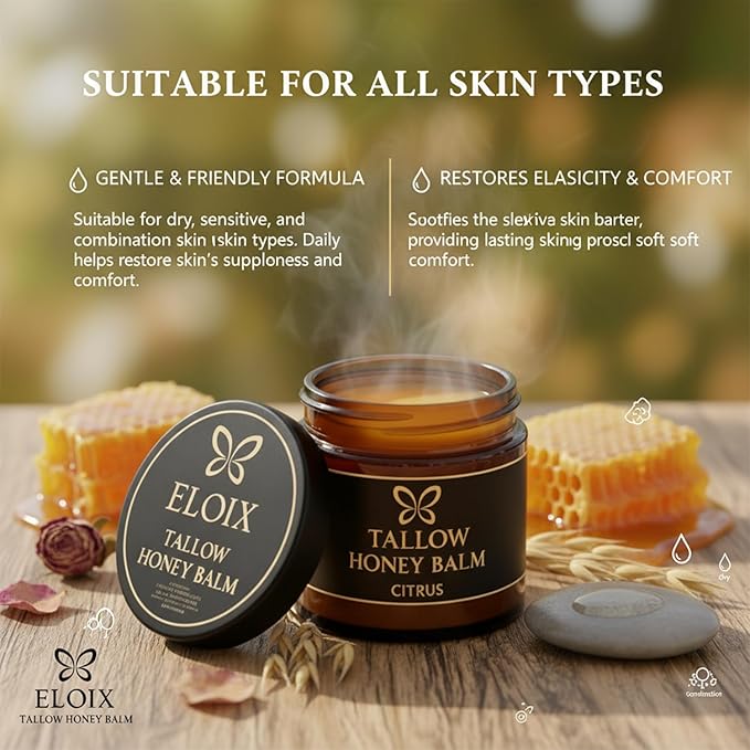 Tallow Honey Balm, Beef Tallow for Skin, Organic Grass Fed Beef Tallow Balm with Raw Honey, Moisturizing Cream for Soft, Natural Body Moisturizer for All Skin Types