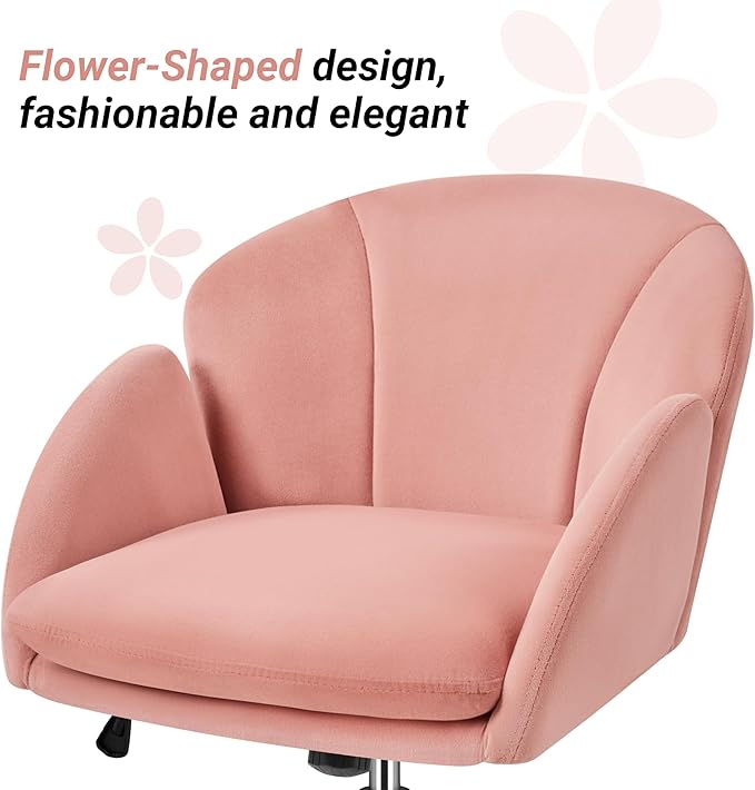 Yaheetech Pink Desk Chair Vanity Chair Comfy Velvet Chair Cute Desk Chair for Home Office Modern Swivel Rolling Chair for Bedroom, Living Room, Makeup Room Women