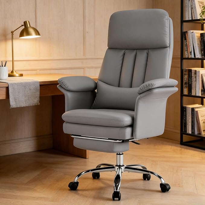 Comfortable Home Office Chair with Footrest 400lbs, Premium PU Leather Office Chair with High Back Adjustable Lumbar Support Double-Layered Armrests,Reclining Chairs,Gray