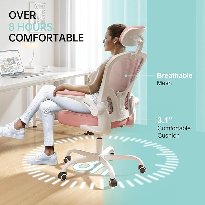 Synorla Office Chair Ergonomic Desk Chair, 330LBS Capacity, High Back Computer Design for Long Hours Comfort, Rolling Swivel Executive Task for Home Office with Flip-up Armrests（White Pink）