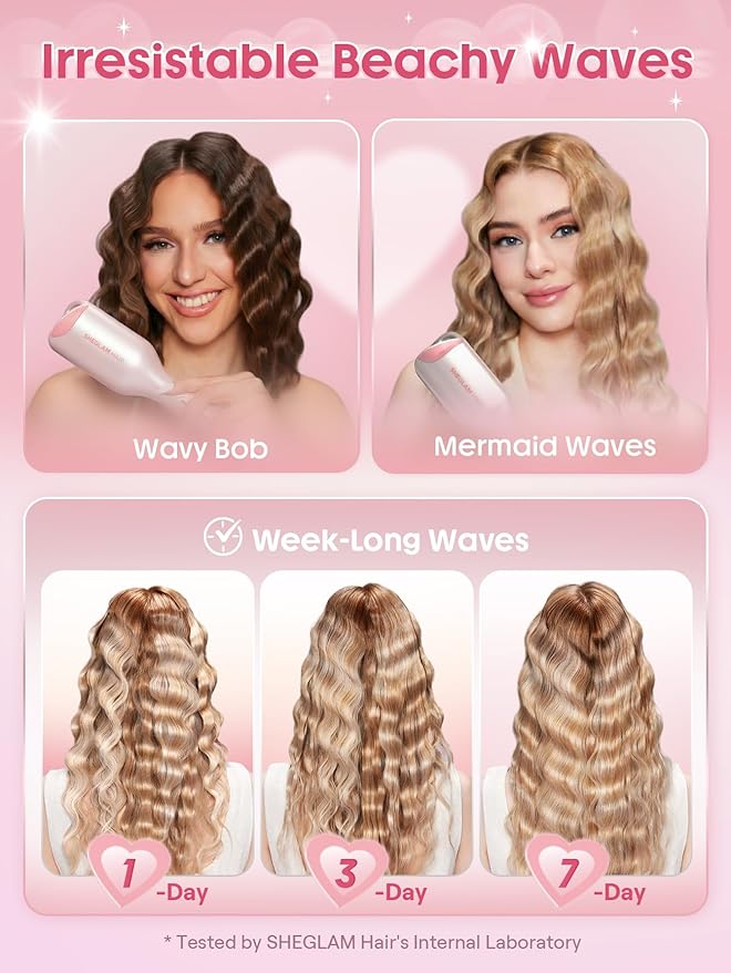 SHEGLAM Pink 1 Inch Hair Waver for Women - Double Barrel Crimper Tool for Mermaid Beach Waves, Lightweight with Smart Timer & Adjustable Temps, Dual Voltage Anti-Scald Easy to Use for Short Hair