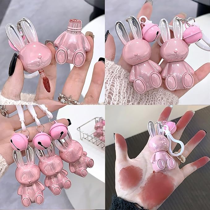 3 Colors Matte Liquid Lipstick, Cute Rabbit Key Chain Lip Gloss, Lightweight Matte Finish Lip Stain Full Coverage Korean Makeup for Girls（#1,#5,#6）
