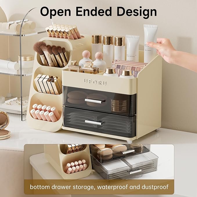 Makeup Organizer for Vanity with Brush Holder, Countertop Skincare Organizer with 2 Drawers, Spacious Cosmetic Display Case for Perfumes, Eyeshadow Palettes, Nail Polishes