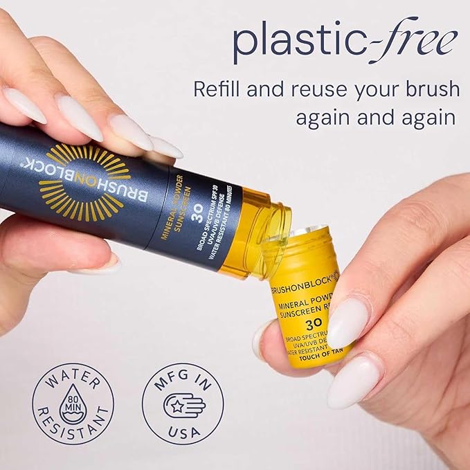 Brush On Block SPF 30 Mineral Powder Sunscreen Refill New Formula, With Niacinamide, Hyaluronic Acid, & Vitamin C, Broad Spectrum, Water Resistant, Reef Friendly (Touch of Tan Refill)