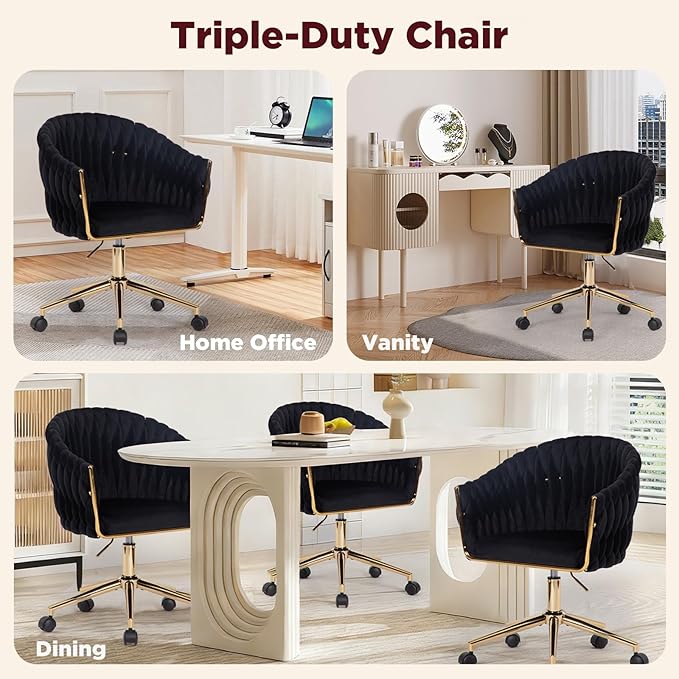 Velvet Office Chair with Hand Woven, Black Vanity Chairs with Golden Wheels, 360° Swivel Home Office Desk Chair Computer Chairs, Accent Chair Makeup Chair for Bedroom, Living Room(Black)
